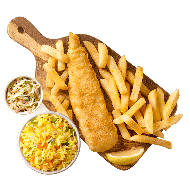 Hake fillet with chips and rice on a wooden board