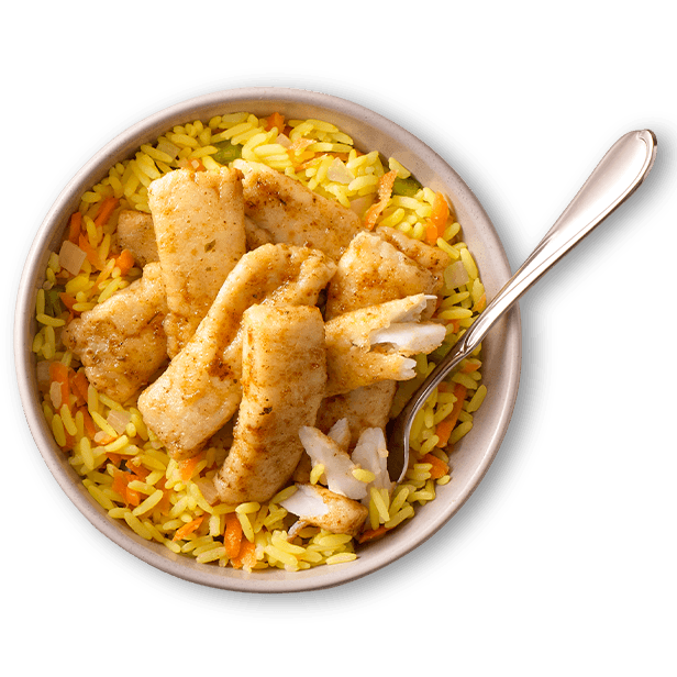 Hake pot bowl of rice with hake strips