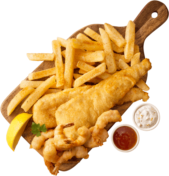 Hake fillets with chips and rice on a wooden board